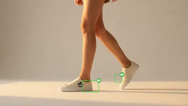 likeness gate overlay — detected logo regions marked OK on both shoes