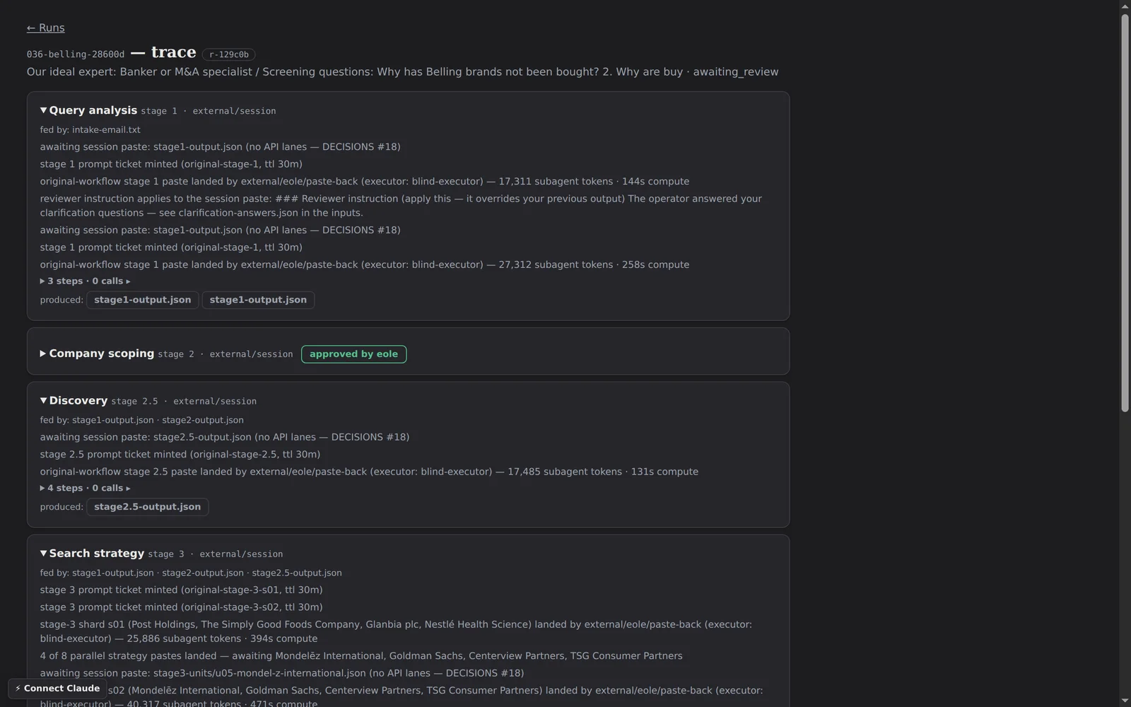 Scout run trace — stages, token counts, and gate approvals