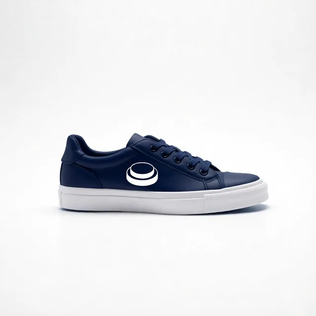 navy canvas shoe with arcade logo on lateral panel