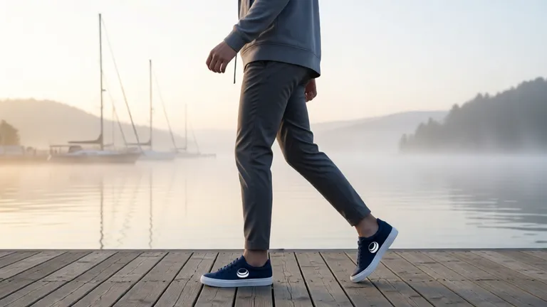 scene seed — model wearing the navy canvas shoes on a misty harbor dock